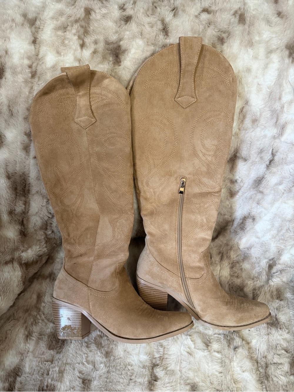 Kiss Tan Suede Knee-High Western Heeled Boots